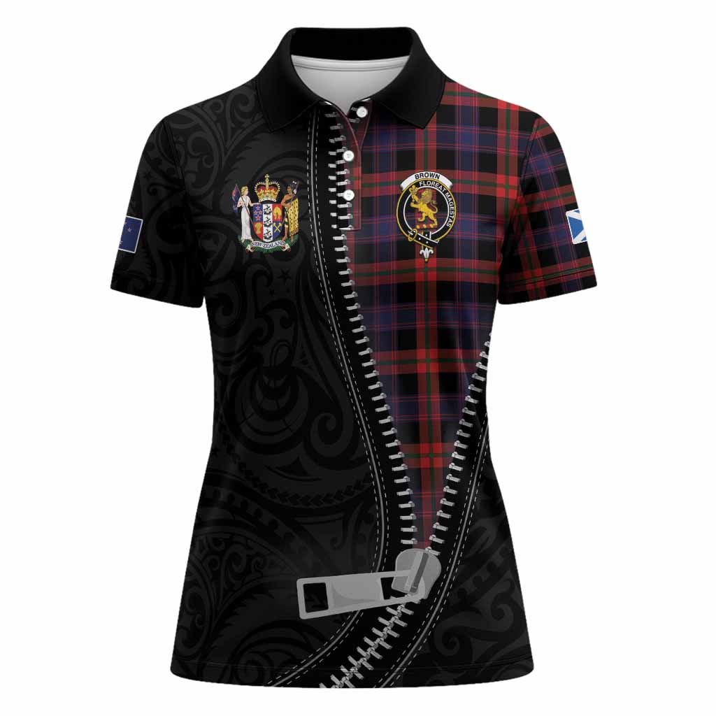 Brown (Broun) Tartan Women Polo Shirt New Zealand Pattern Unique Zipper Stylized