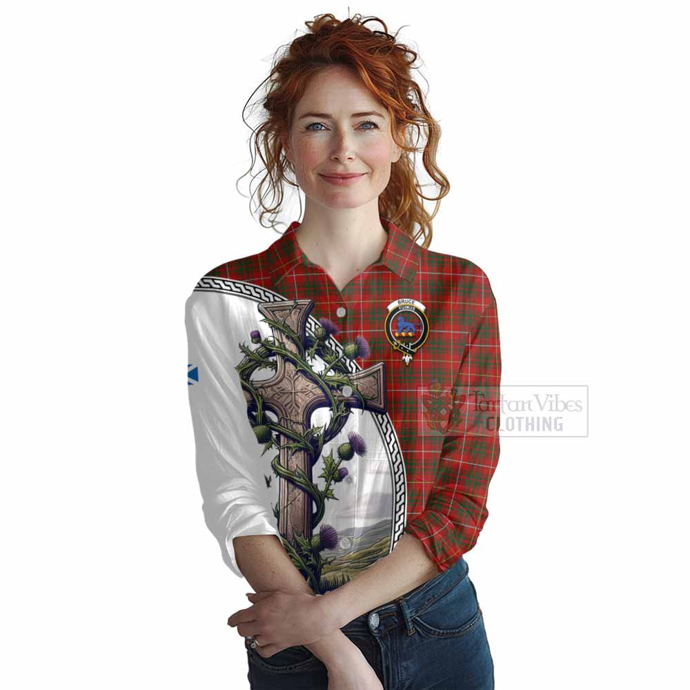 Tartan Vibes Clothing Bruce Tartan Women's Casual Shirt with Family Crest and St. Andrew's Cross Accented by Thistle Vines