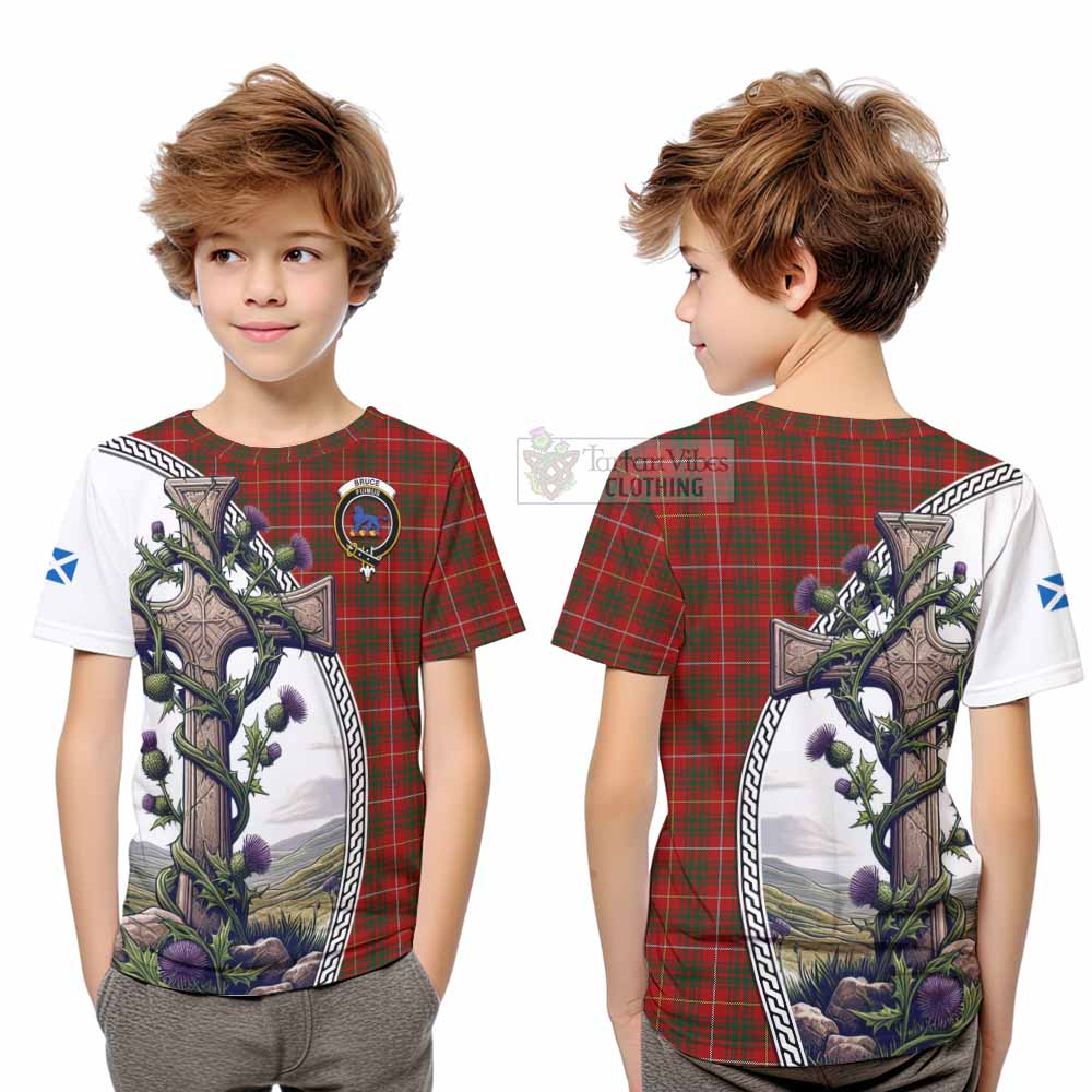 Tartan Vibes Clothing Bruce Tartan Kid T-Shirt with Family Crest and St. Andrew's Cross Accented by Thistle Vines