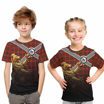 Tartan Vibes Clothing Bruce Crest Tartan Kid T-Shirt with Golden Lion Emblem Celtic Style