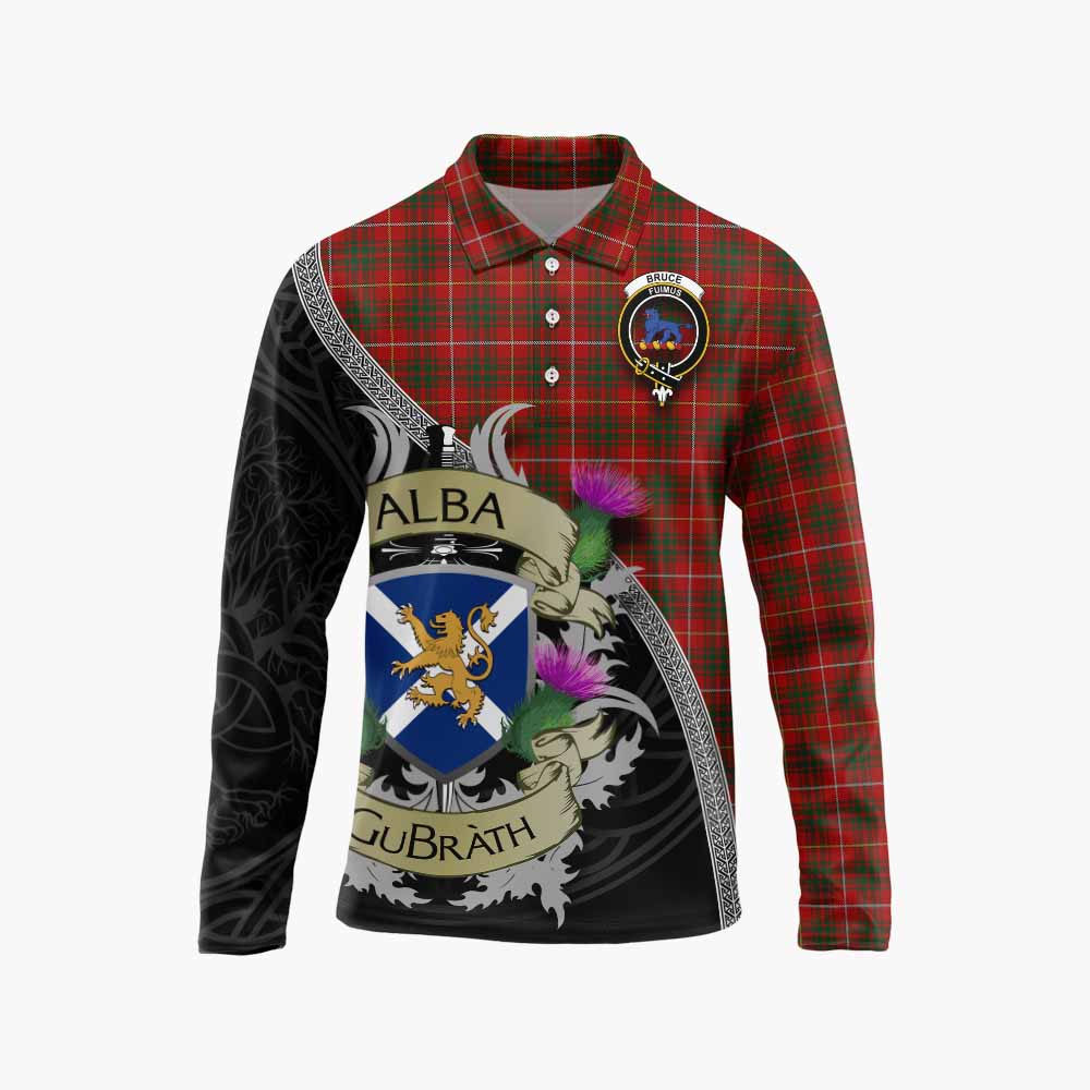 Tartan Vibes Clothing Bruce Tartan Family Crest Long Sleeve Polo Shirt Lion Rampant Royal Thistle Shield Celtic Inspired