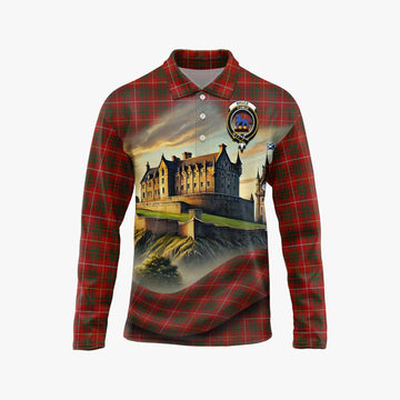 Tartan Vibes Clothing Bruce Tartan Family Crest Long Sleeve Polo Shirt with Scottish Ancient Castle Style