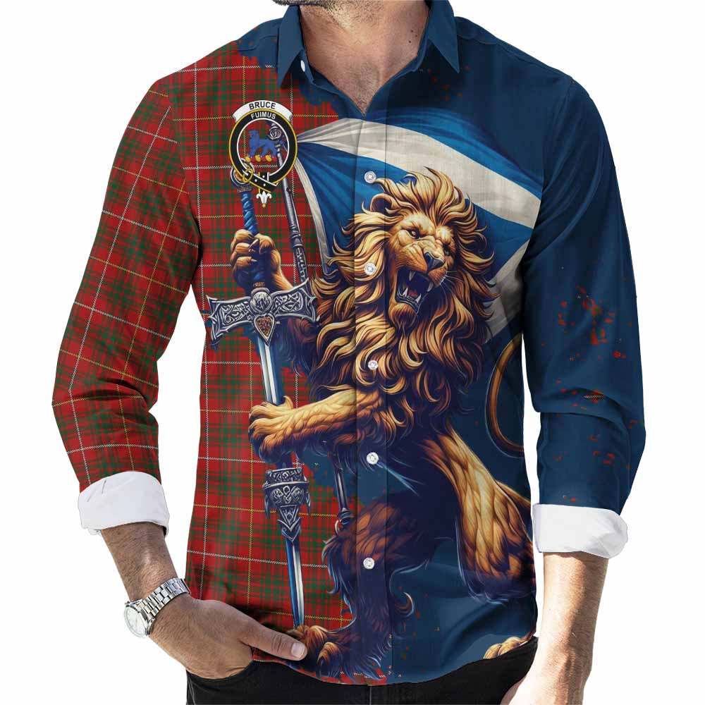 Tartan Vibes Clothing Bruce Tartan Family Crest Long Sleeve Button Shirt with Scottish Majestic Lion