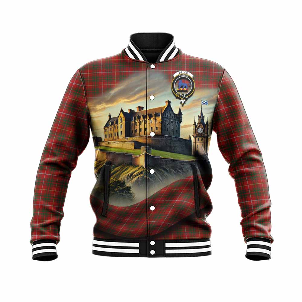 Tartan Vibes Clothing Bruce Tartan Family Crest Baseball Jacket with Scottish Ancient Castle Style