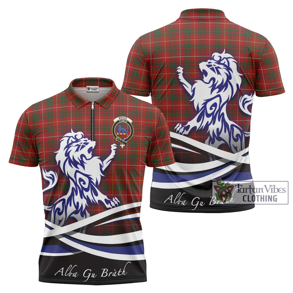 Bruce Tartan Zipper Polo Shirt with Alba Gu Brath Regal Lion Emblem Unisex - Tartanvibesclothing Shop