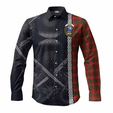 Tartan Vibes Clothing Bruce Tartan Long Sleeve Button Shirt with Family Crest Cross Sword Thistle Celtic Vibes