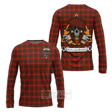 Tartan Vibes Clothing Bruce Tartan Long Sleeve T-Shirt with Family Crest and Bearded Skull Holding Bottles of Whiskey