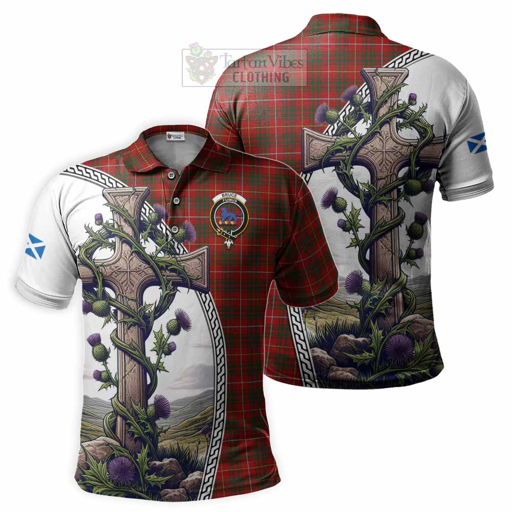 Tartan Vibes Clothing Bruce Tartan Polo Shirt with Family Crest and St. Andrew's Cross Accented by Thistle Vines