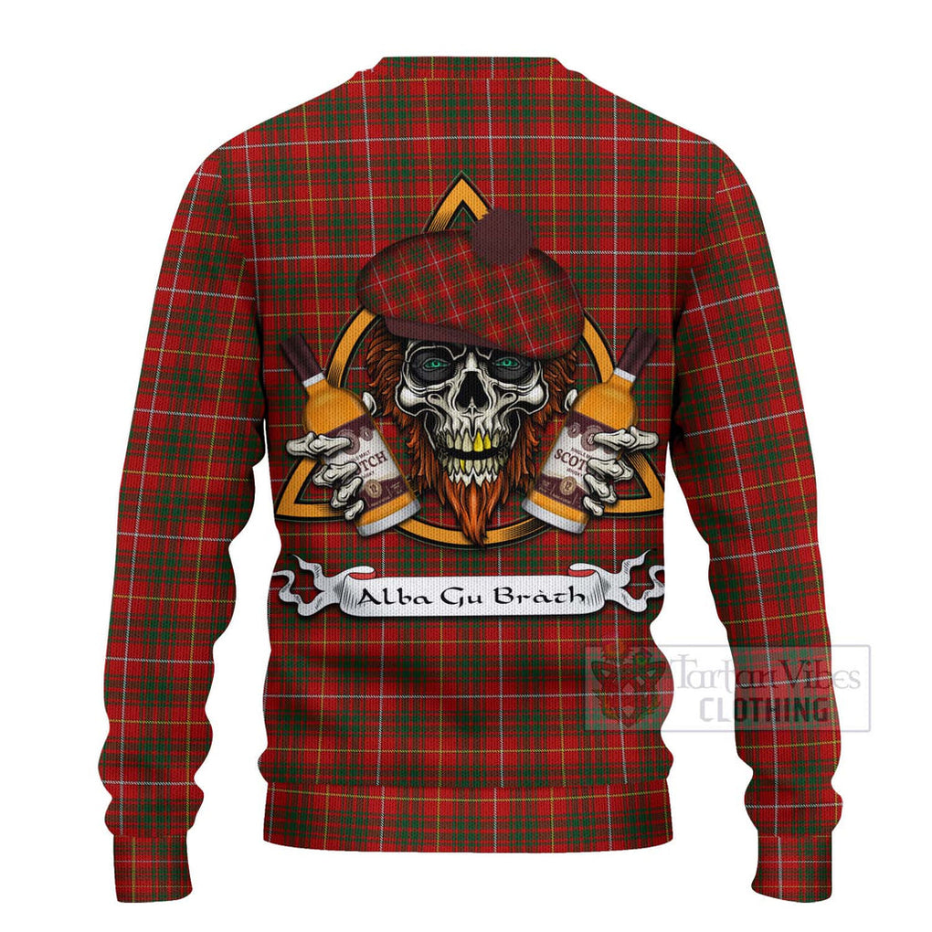 Tartan Vibes Clothing Bruce Tartan Knitted Sweater with Family Crest and Bearded Skull Holding Bottles of Whiskey