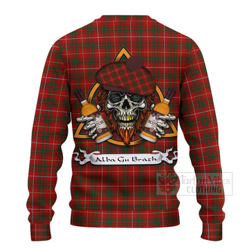 Tartan Vibes Clothing Bruce Tartan Knitted Sweater with Family Crest and Bearded Skull Holding Bottles of Whiskey