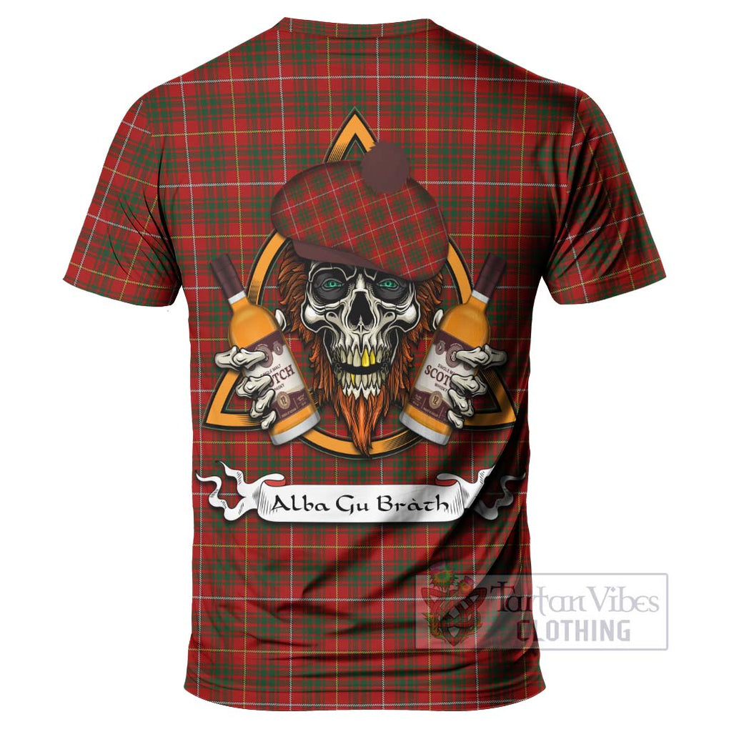Tartan Vibes Clothing Bruce Tartan T-Shirt with Family Crest and Bearded Skull Holding Bottles of Whiskey
