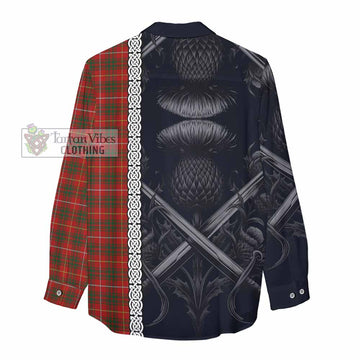 Tartan Vibes Clothing Bruce Tartan Women's Casual Shirt with Family Crest Cross Sword Thistle Celtic Vibes