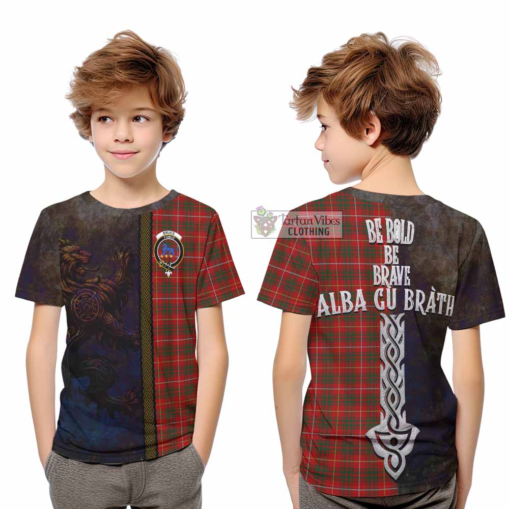 Tartan Vibes Clothing Bruce Tartan Family Crest Kid T-Shirt Alba Gu Brath Be Brave Lion Ancient Style