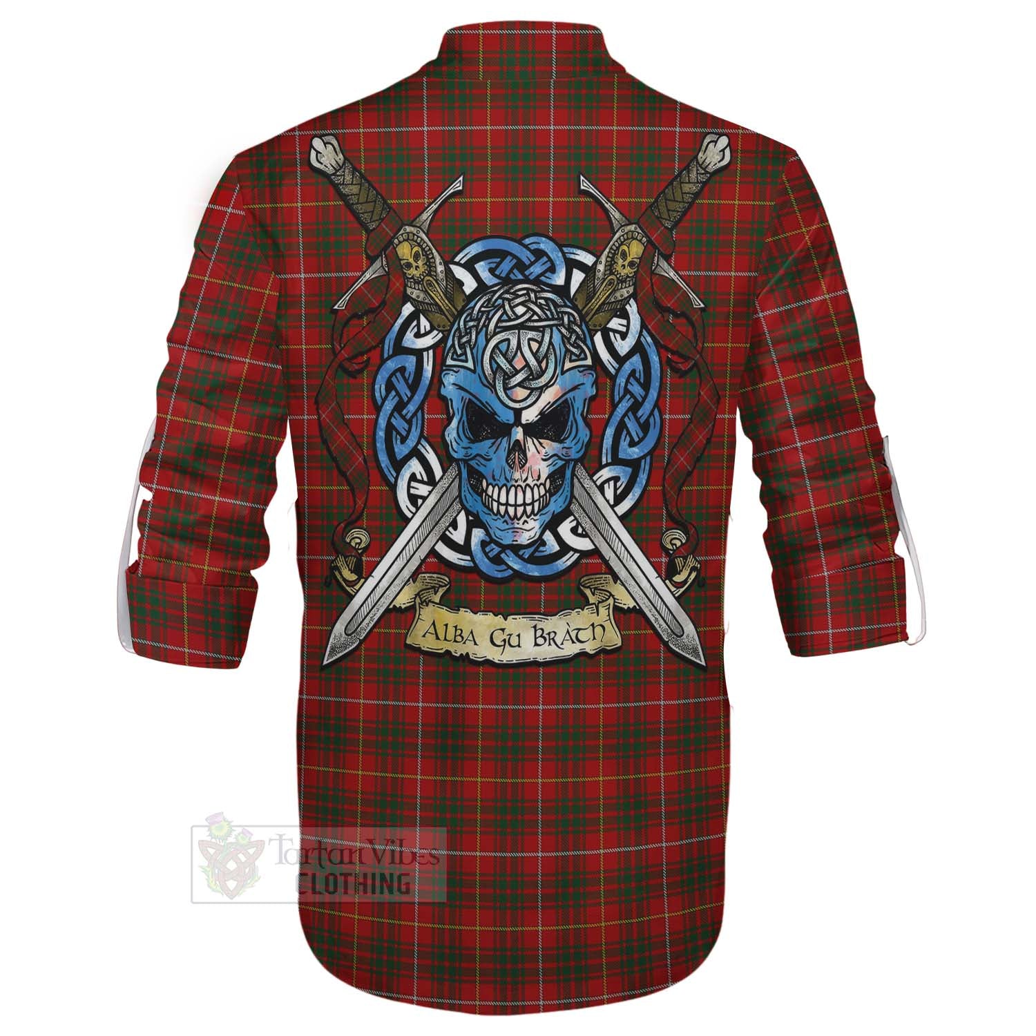 Tartan Vibes Clothing Bruce Tartan Ghillie Kilt Shirt with Family Crest Celtic Skull Style