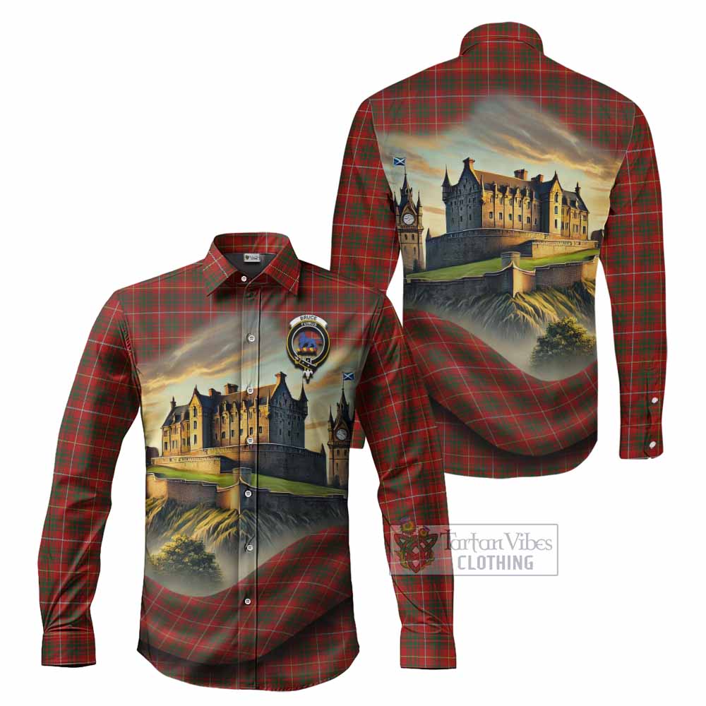 Tartan Vibes Clothing Bruce Tartan Family Crest Long Sleeve Button Shirt with Scottish Ancient Castle Style