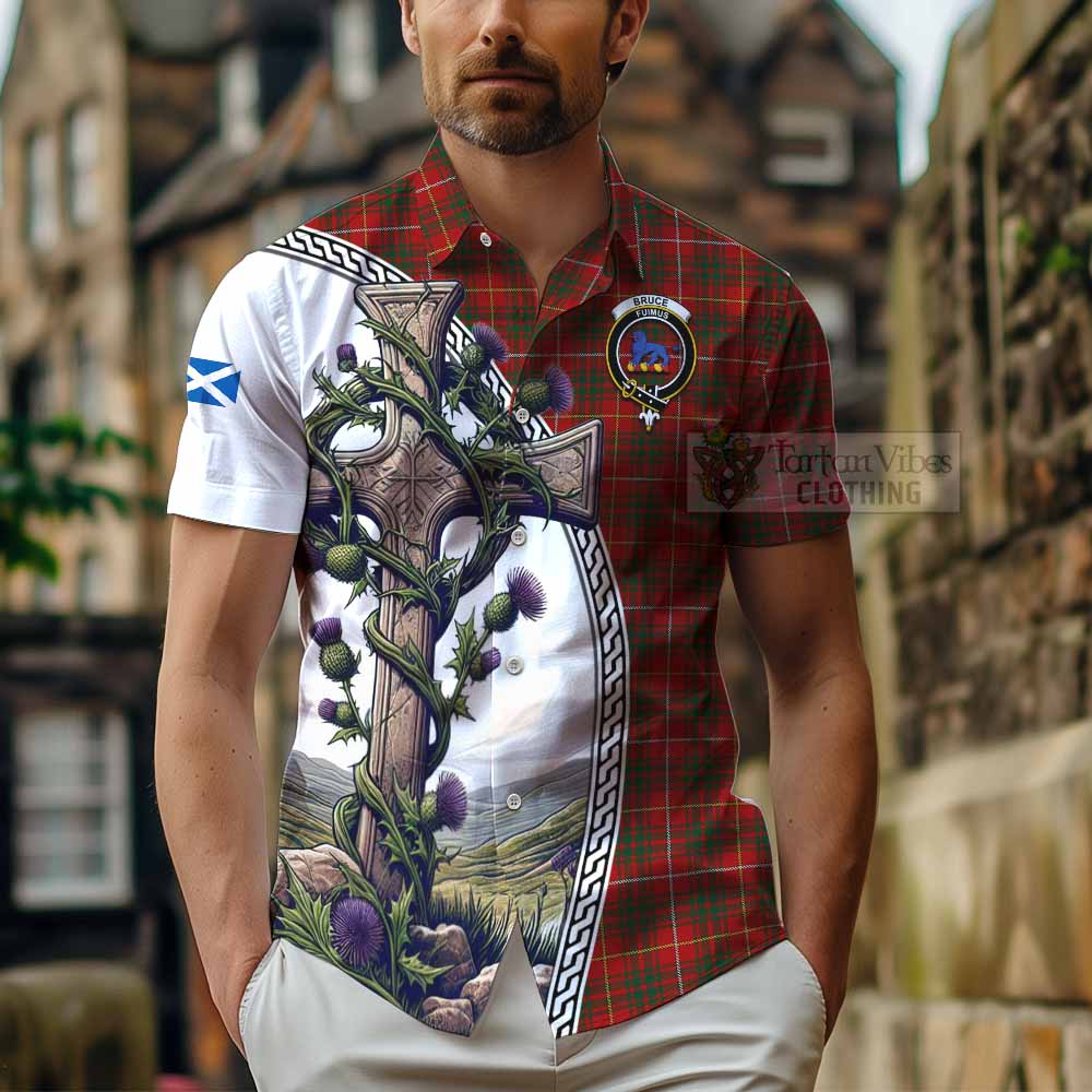 Tartan Vibes Clothing Bruce Tartan Short Sleeve Button Shirt with Family Crest and St. Andrew's Cross Accented by Thistle Vines