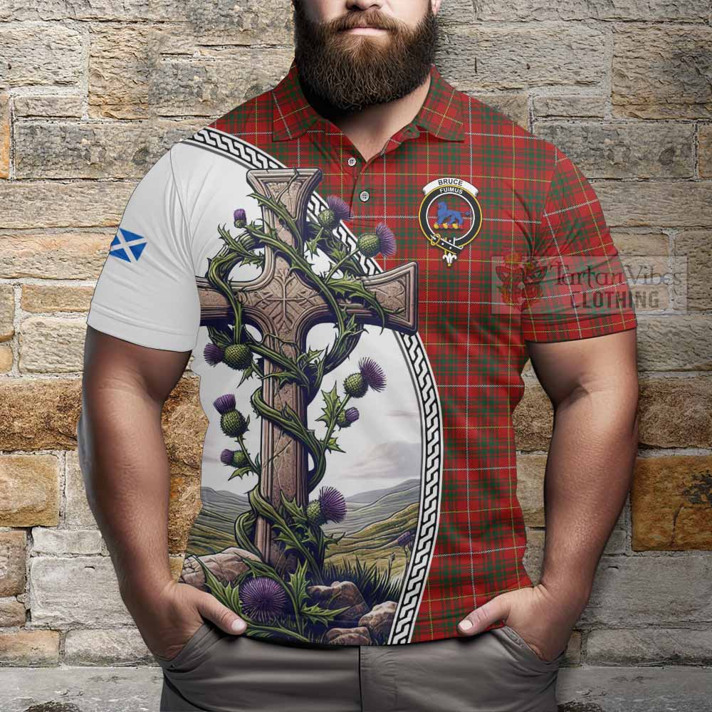 Tartan Vibes Clothing Bruce Tartan Polo Shirt with Family Crest and St. Andrew's Cross Accented by Thistle Vines