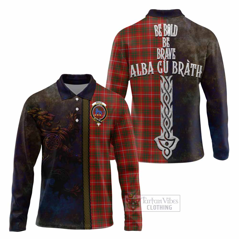 Tartan Vibes Clothing Bruce Tartan Family Crest Long Sleeve Polo Shirt Alba Gu Brath Be Brave Lion Ancient Style
