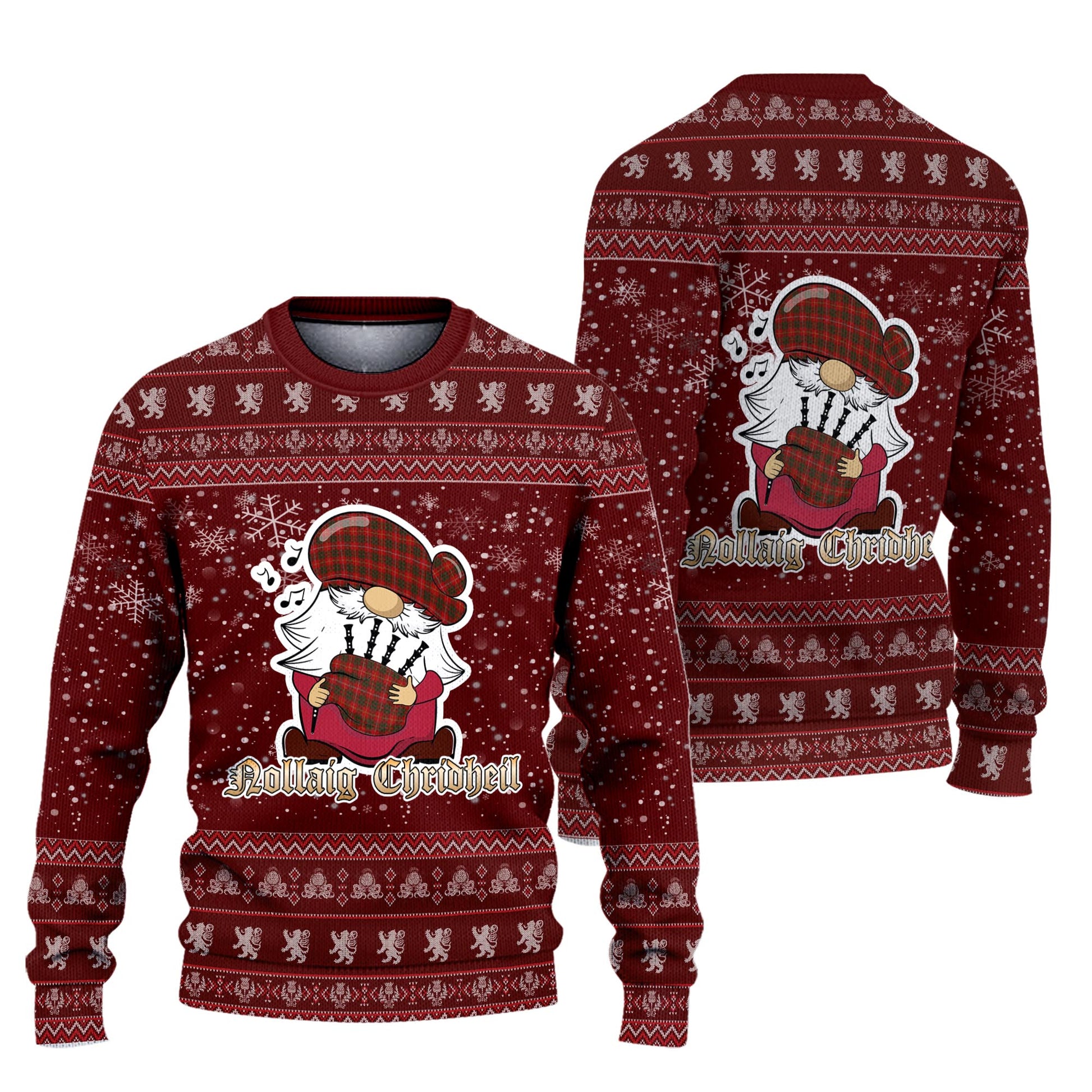 Bruce Clan Christmas Family Knitted Sweater with Funny Gnome Playing Bagpipes Unisex Red - Tartanvibesclothing