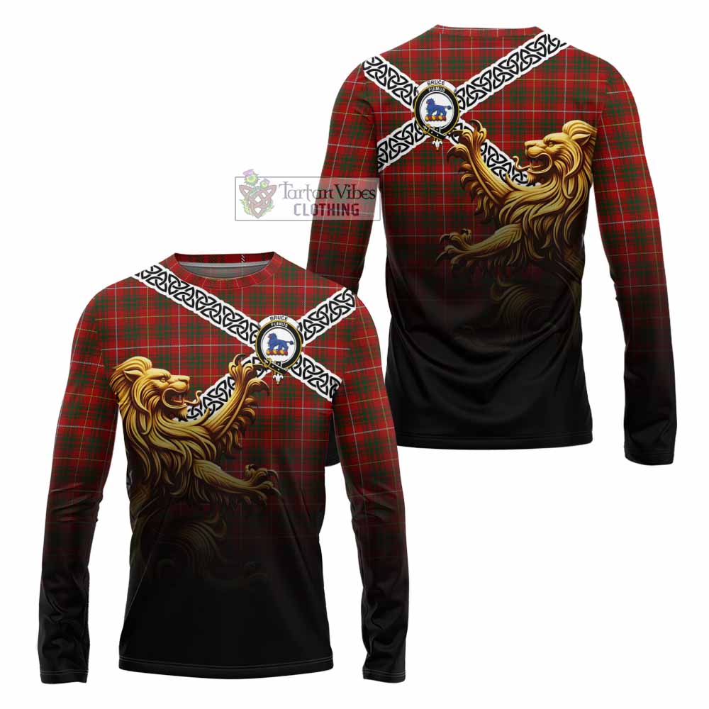 Tartan Vibes Clothing Bruce Crest Tartan Long Sleeve T-Shirt with Golden Lion Emblem Celtic Style