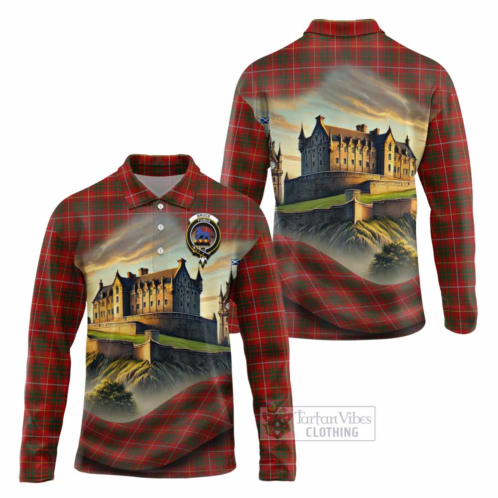 Tartan Vibes Clothing Bruce Tartan Family Crest Long Sleeve Polo Shirt with Scottish Ancient Castle Style