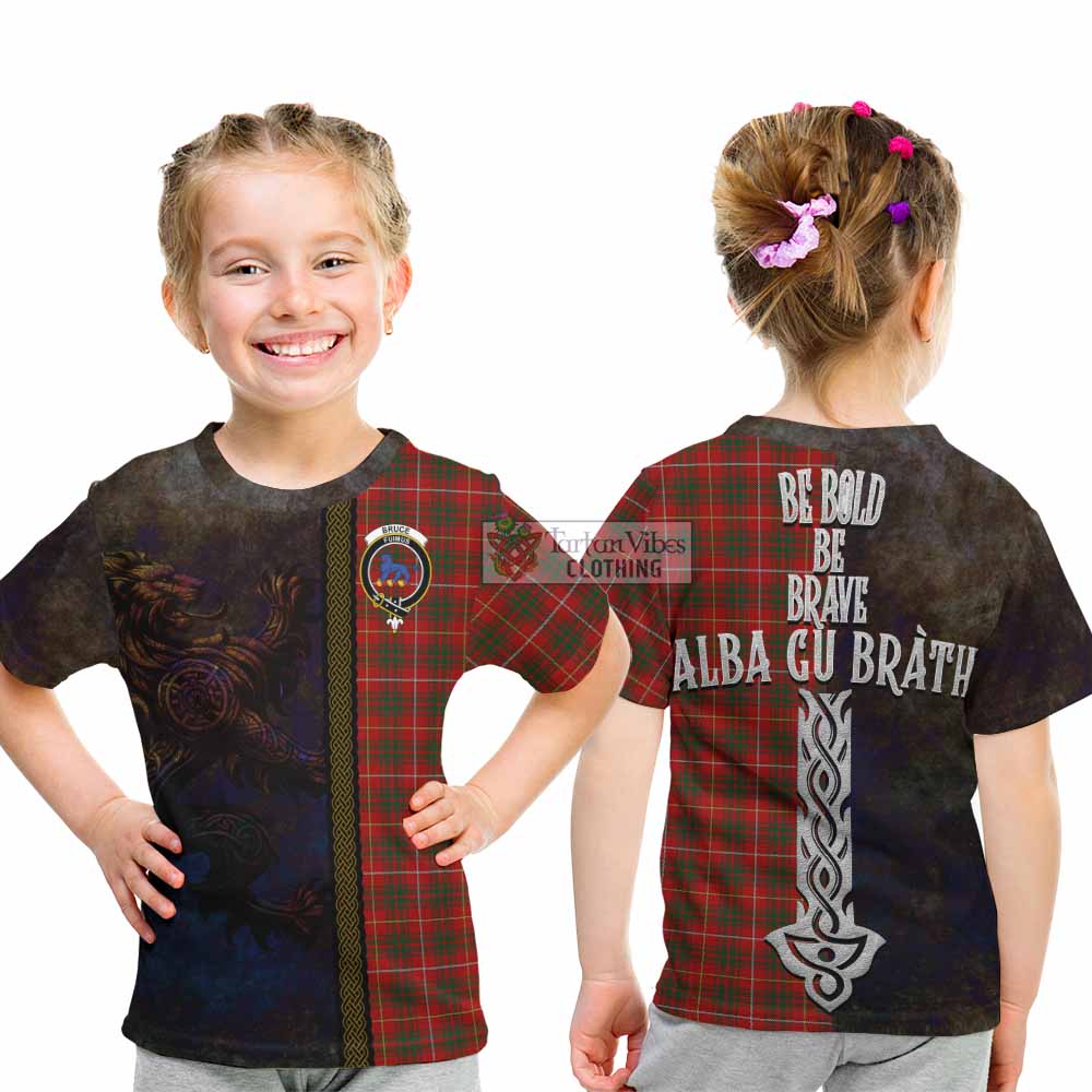 Tartan Vibes Clothing Bruce Tartan Family Crest Kid T-Shirt Alba Gu Brath Be Brave Lion Ancient Style