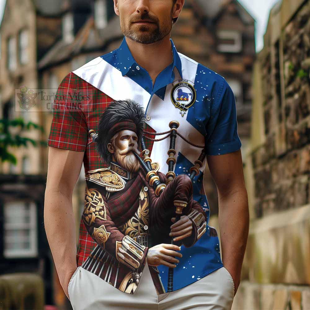 Tartan Vibes Clothing Bruce Tartan Short Sleeve Button Shirt with Family Crest Scottish Bagpiper Vibes