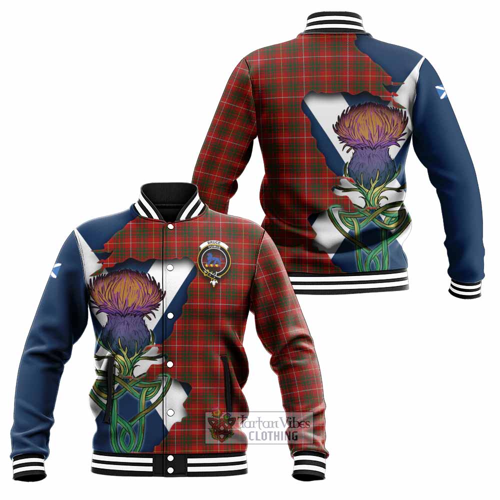 Tartan Vibes Clothing Bruce Tartan Family Crest Baseball Jacket Scottish Thistle Celtic Inspired