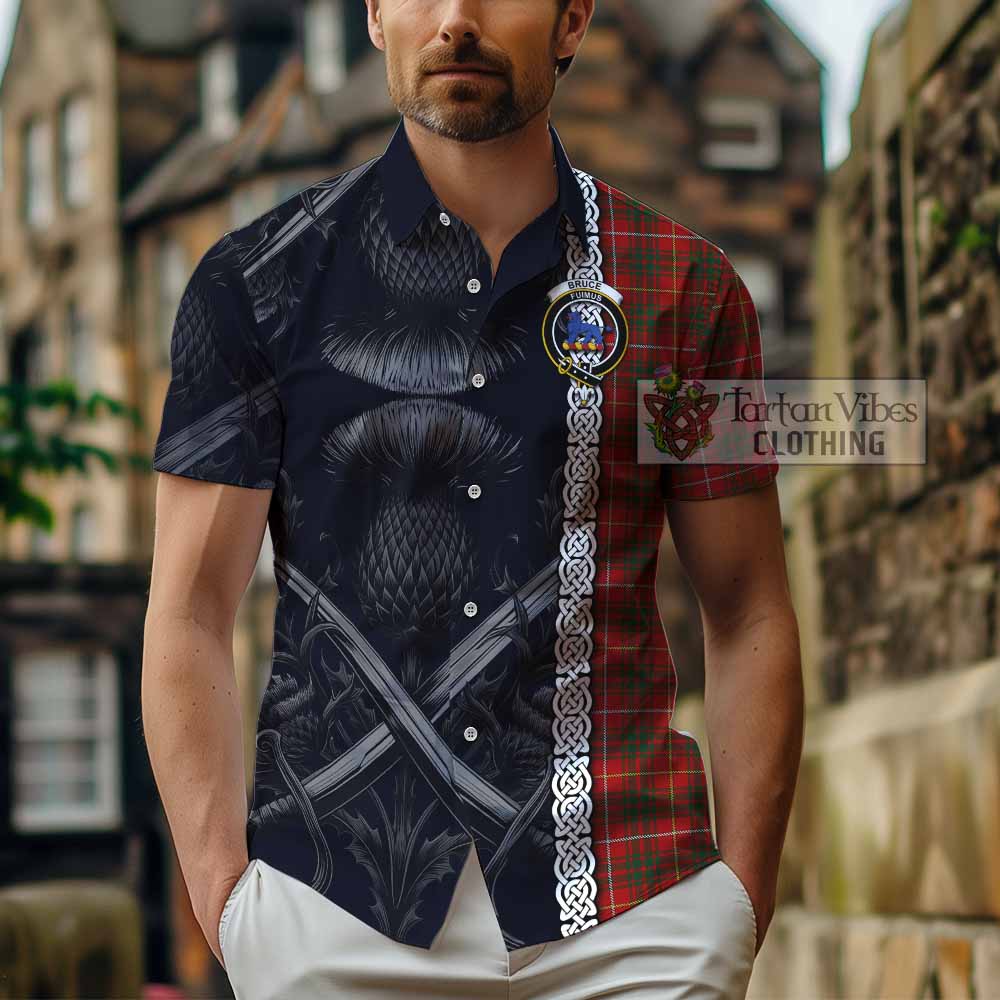 Tartan Vibes Clothing Bruce Tartan Short Sleeve Button Shirt with Family Crest Cross Sword Thistle Celtic Vibes