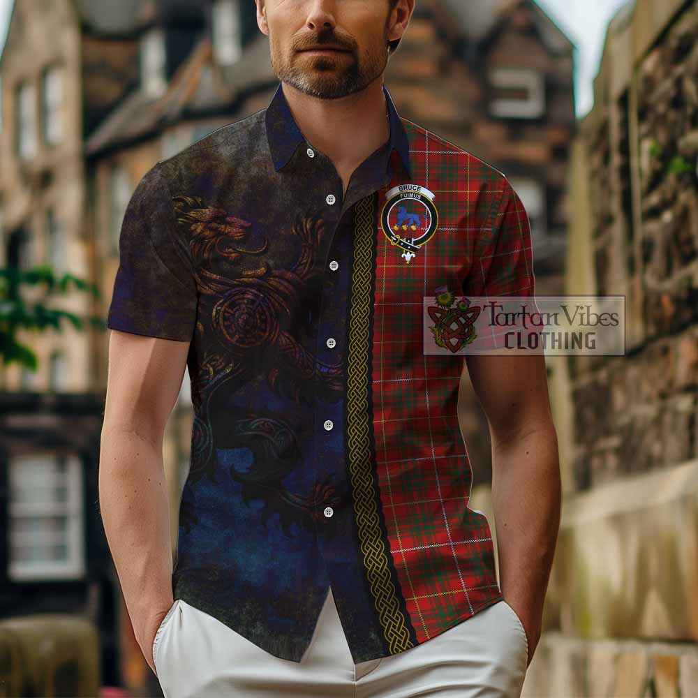 Tartan Vibes Clothing Bruce Tartan Family Crest Short Sleeve Button Shirt Alba Gu Brath Be Brave Lion Ancient Style