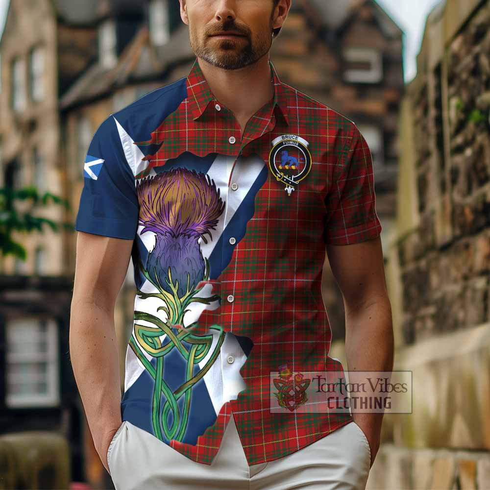 Tartan Vibes Clothing Bruce Tartan Family Crest Short Sleeve Button Shirt Scottish Thistle Celtic Inspired