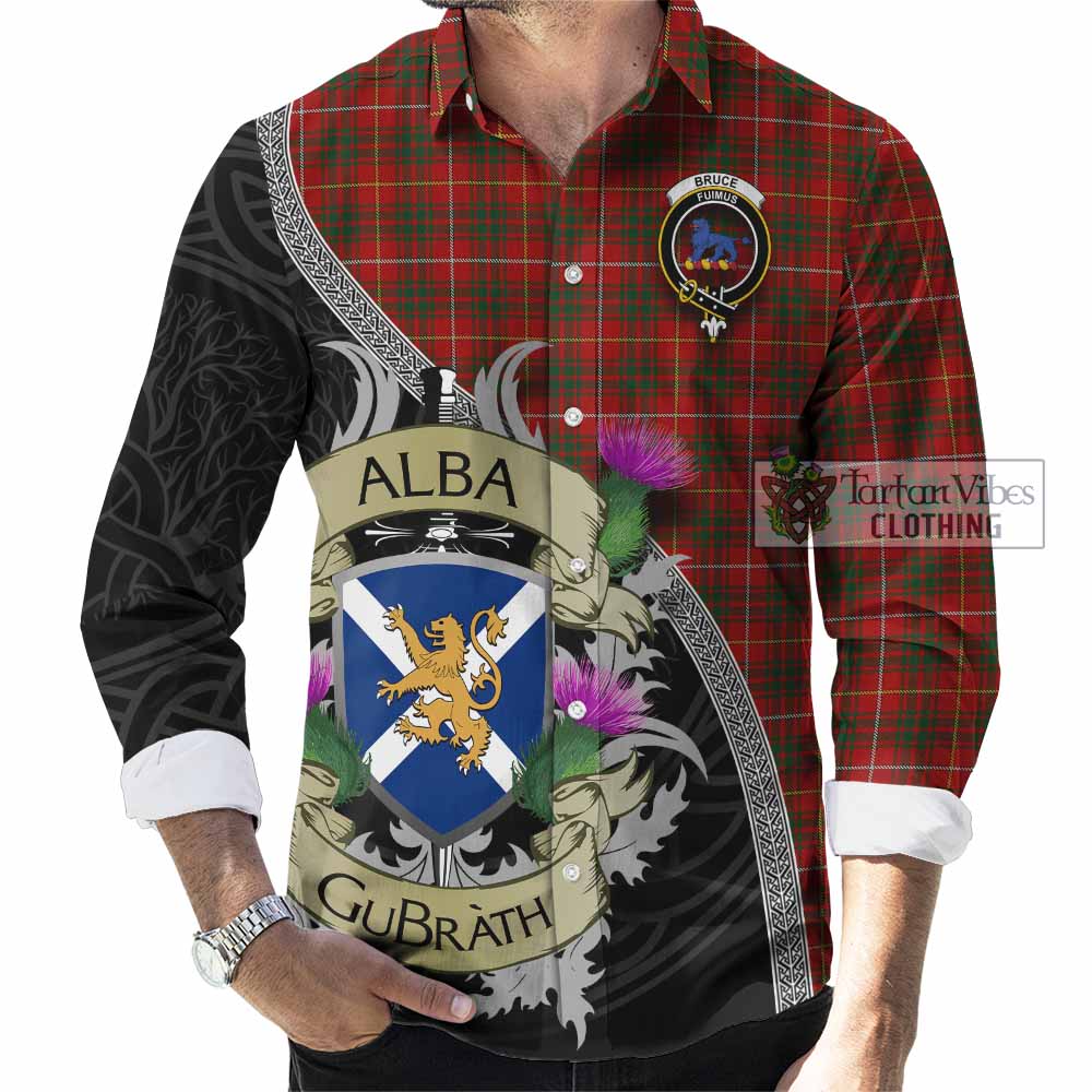 Tartan Vibes Clothing Bruce Tartan Family Crest Long Sleeve Button Shirt Lion Rampant Royal Thistle Shield Celtic Inspired