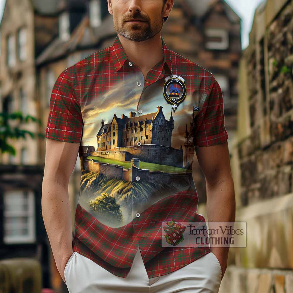 Tartan Vibes Clothing Bruce Tartan Family Crest Short Sleeve Button Shirt with Scottish Ancient Castle Style