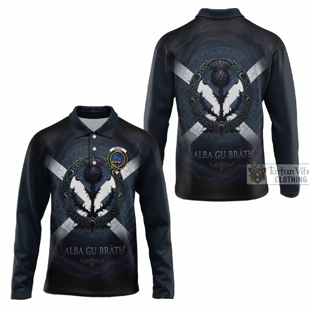 Bruce Clan Crest Long Sleeve Polo Shirt with Celtic Knot Thistle and Saltire