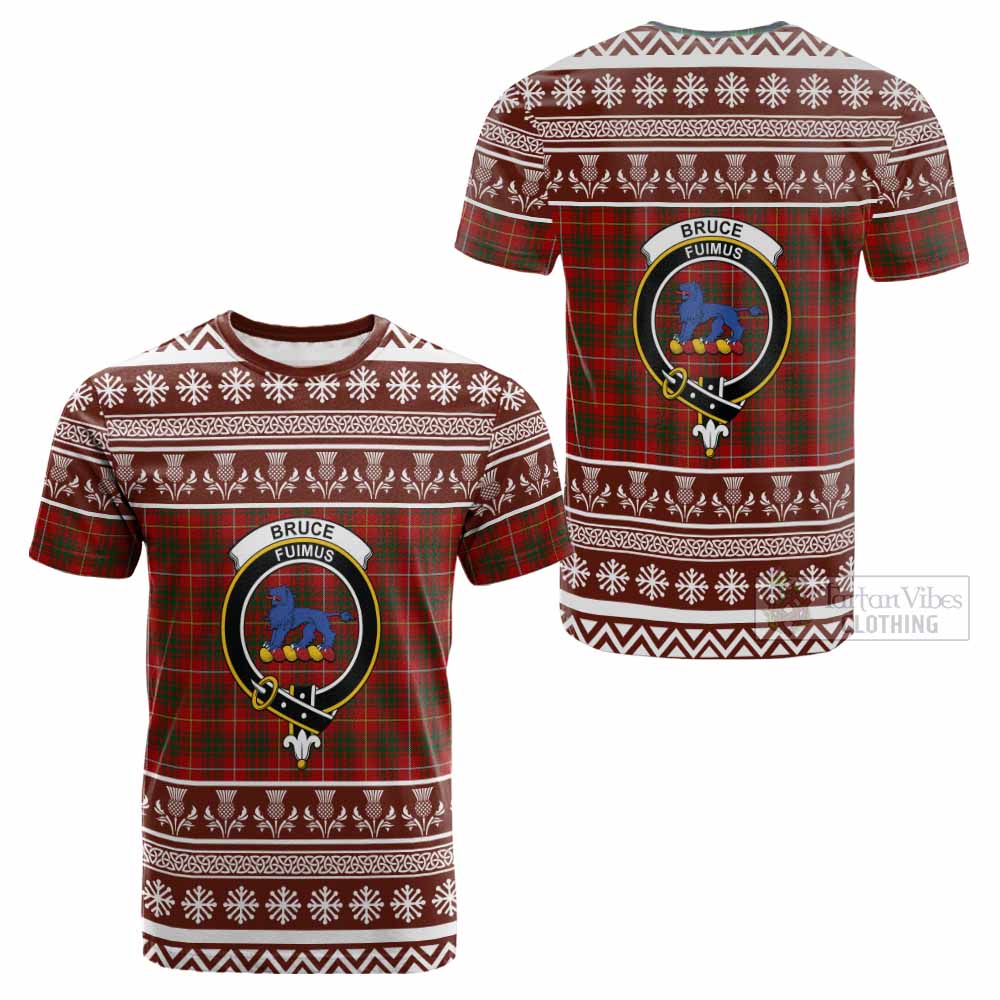 Bruce Clan Tartan Christmas Cotton T-shirt with Family Crest - Tartan Vibes Clothing