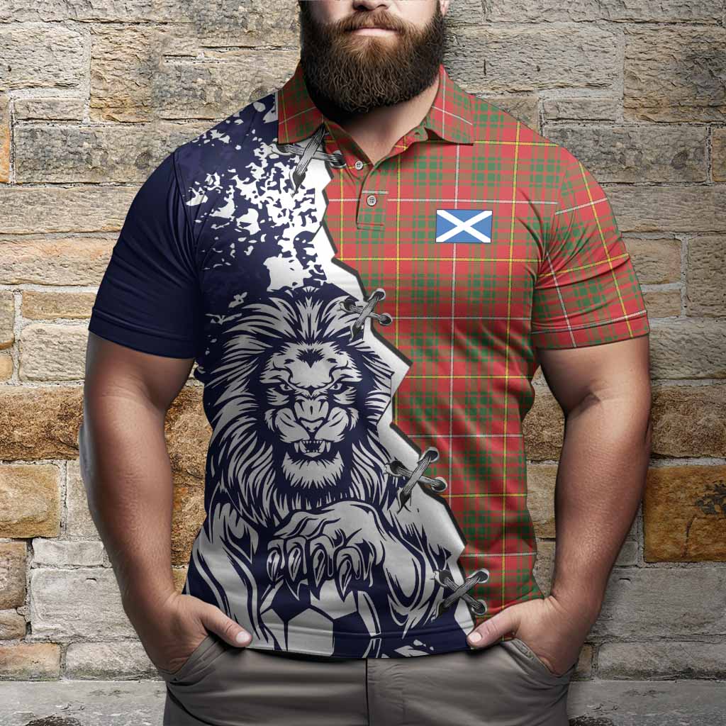 Bruce County Canada Tartan Scottish Polo Shirt Angry Lion With Soccer Ball Style