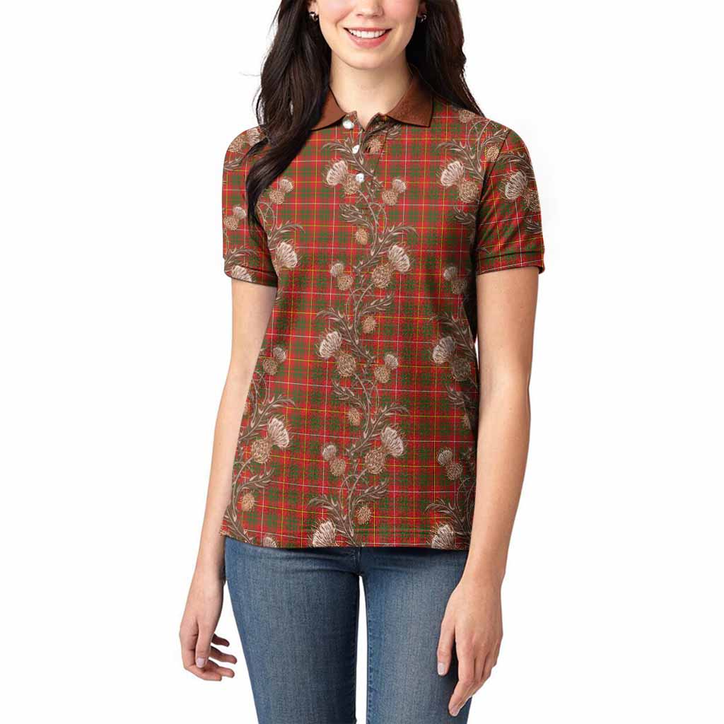 Bruce County Tartan Women Polo Shirt Seamless Scottish Thistle Flowers