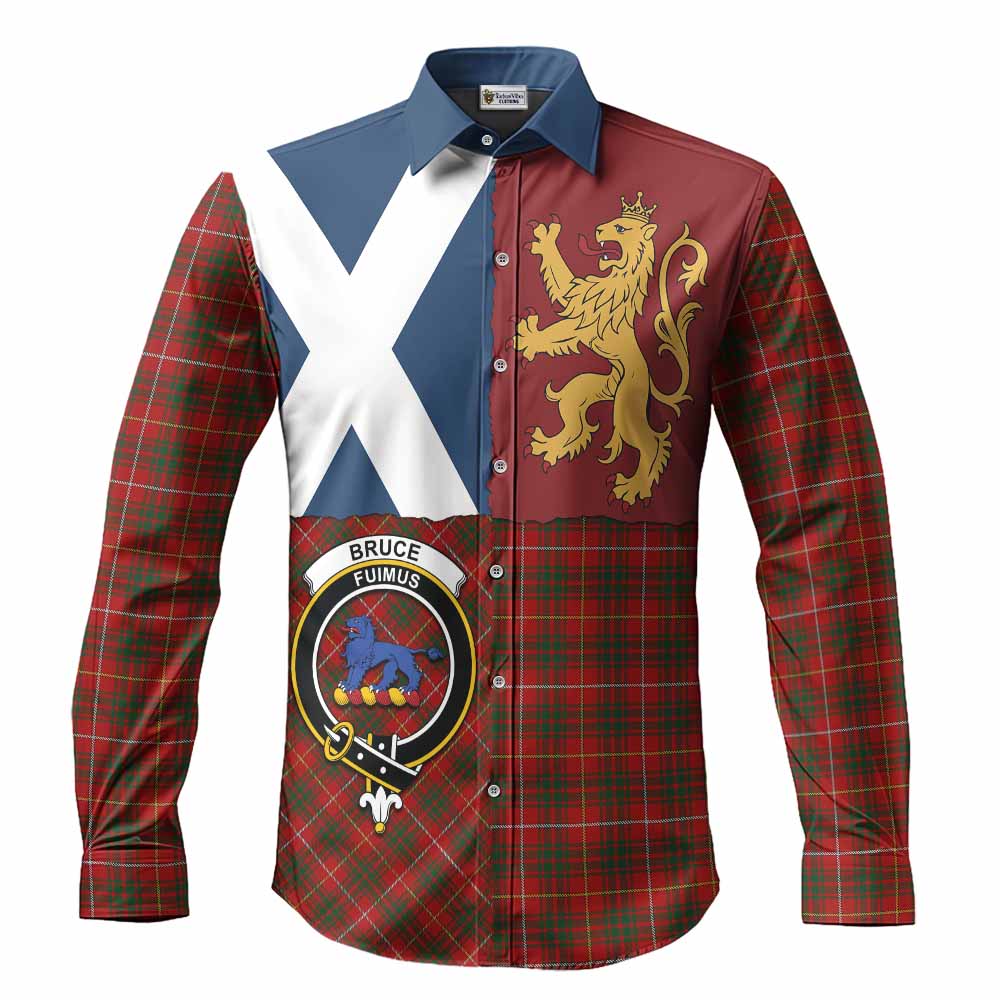 Bruce Crest Tartan Long Sleeve Button Shirts with Lion Rampant Saltire Style