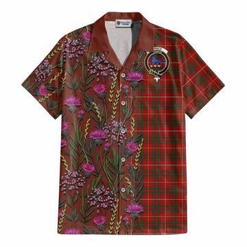 Bruce Family Crest Tartan Cotton Hawaiian Shirt Scottish Thistle Flower Pattern Half Style - Tartan Vibes Clothing
