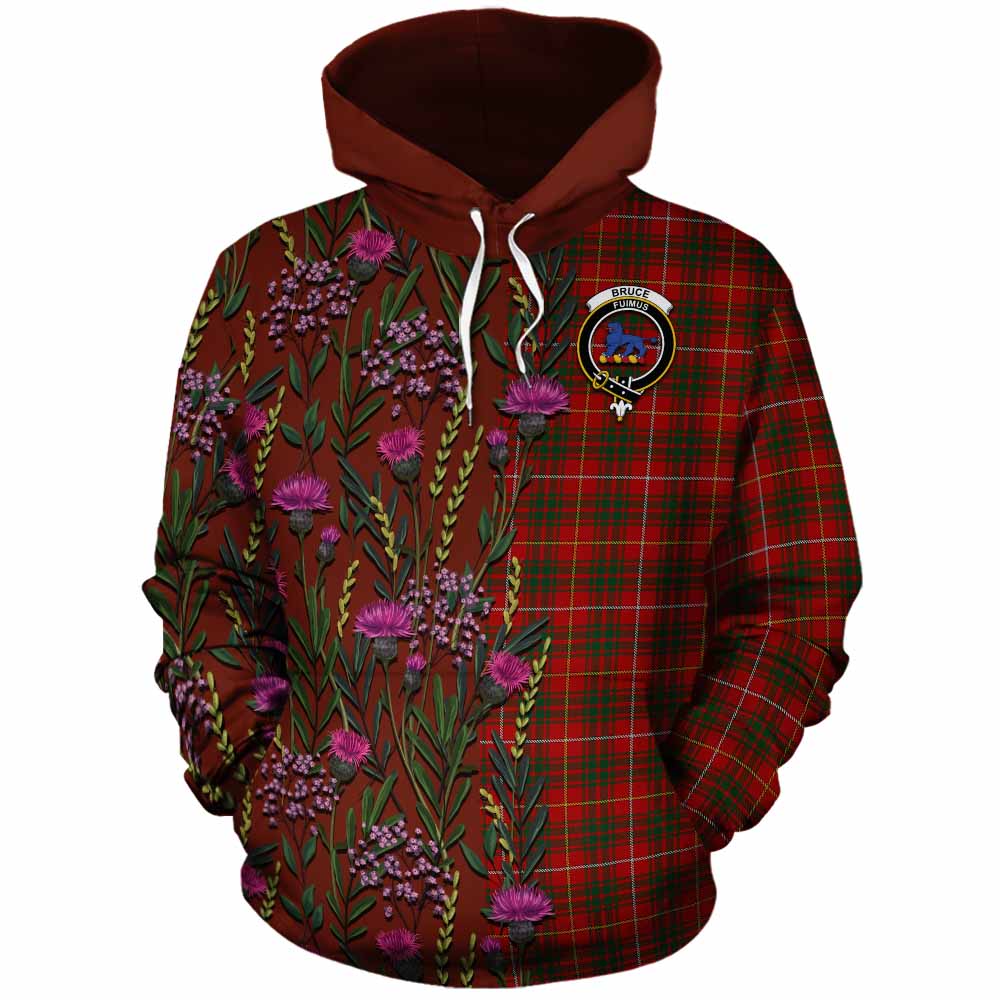 Bruce Family Crest Tartan Cotton Hoodie Scottish Thistle Flower Pattern Half Style - Tartan Vibes Clothing