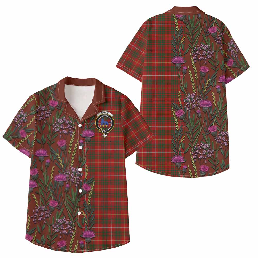 Bruce Family Crest Tartan Kid Hawaiian Shirt Scottish Thistle Flower Pattern Half Style - Tartan Vibes Clothing