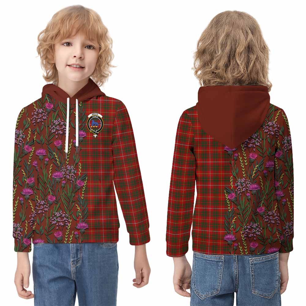 Bruce Family Crest Tartan Kid Hoodie Scottish Thistle Flower Pattern Half Style - Tartan Vibes Clothing