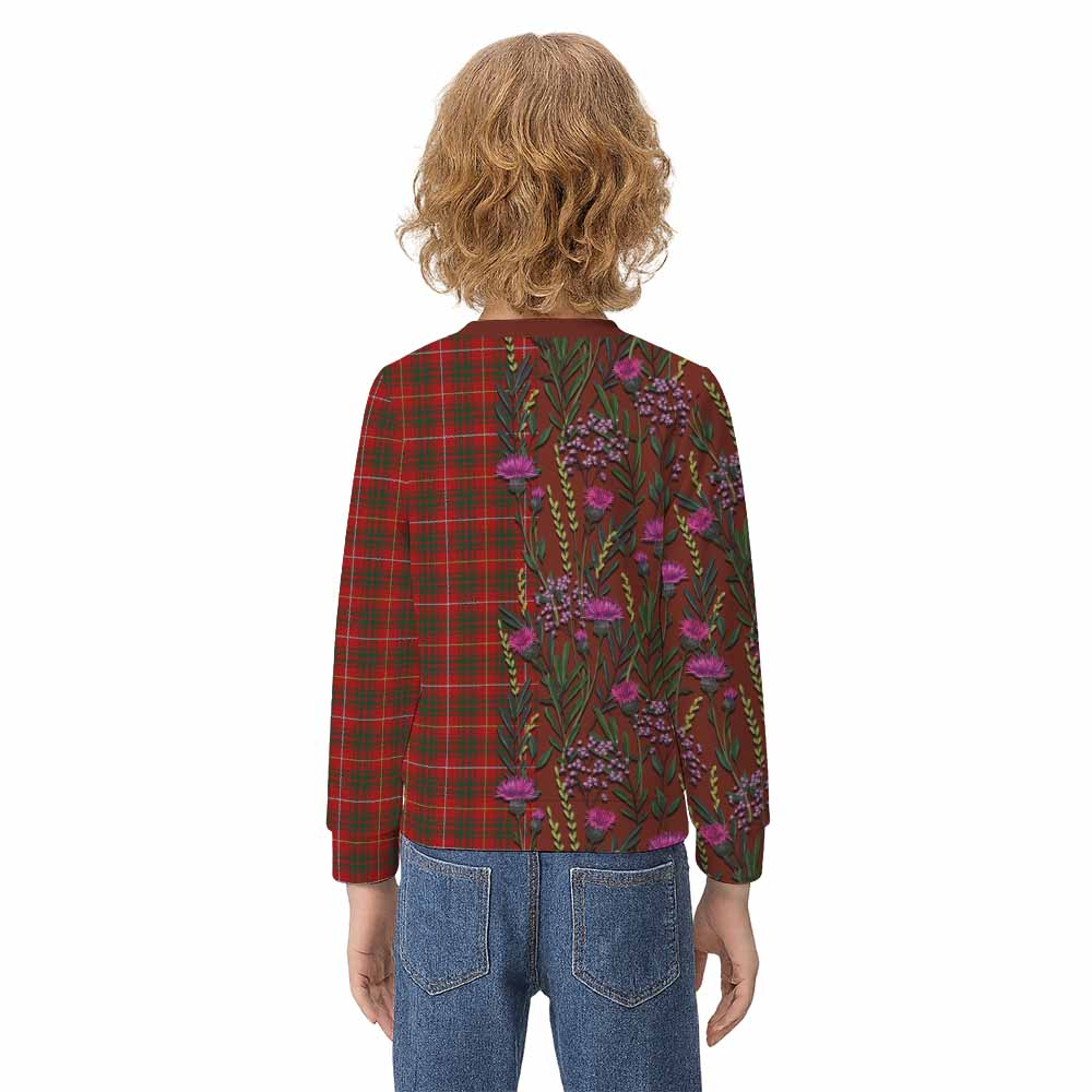 Bruce Family Crest Tartan Kid Knitted Sweatshirt Scottish Thistle Flower Pattern Half Style - Tartan Vibes Clothing