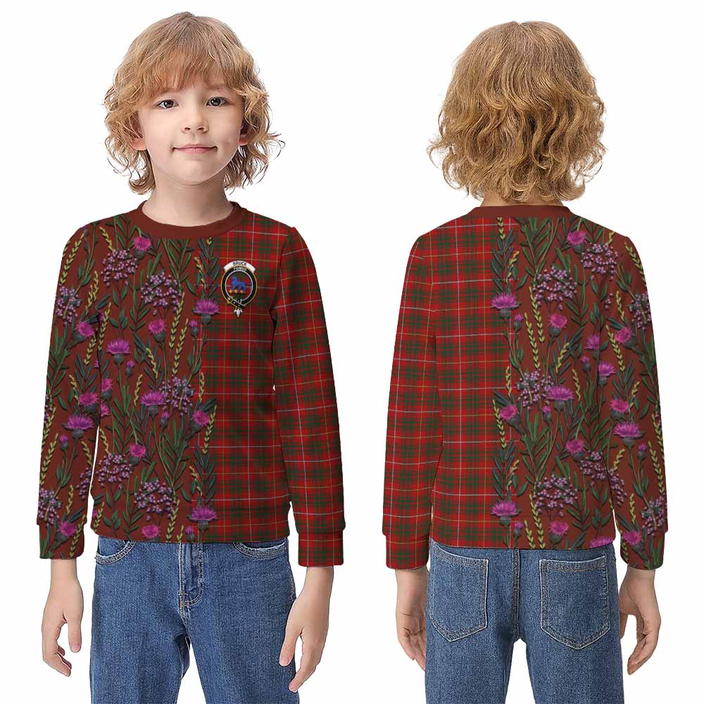 Bruce Family Crest Tartan Kid Knitted Sweatshirt Scottish Thistle Flower Pattern Half Style - Tartan Vibes Clothing