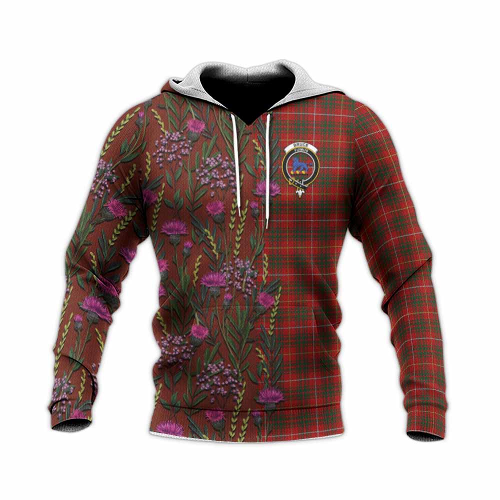Bruce Family Crest Tartan Knitted Hoodie Scottish Thistle Flower Pattern Half Style - Tartan Vibes Clothing