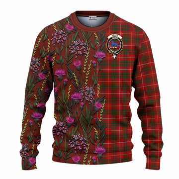 Bruce Family Crest Tartan Knitted Sweater Scottish Thistle Flower Pattern Half Style - Tartan Vibes Clothing