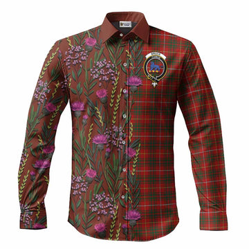 Bruce Family Crest Tartan Long Sleeve Button Shirts Scottish Thistle Flower Pattern Half Style