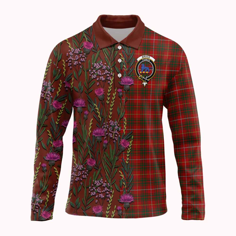 Bruce Family Crest Tartan Long Sleeve Polo Shirt Scottish Thistle Flower Pattern Half Style - Tartan Vibes Clothing