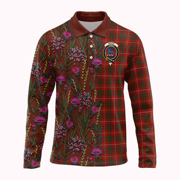 Bruce Family Crest Tartan Long Sleeve Polo Shirt Scottish Thistle Flower Pattern Half Style - Tartan Vibes Clothing