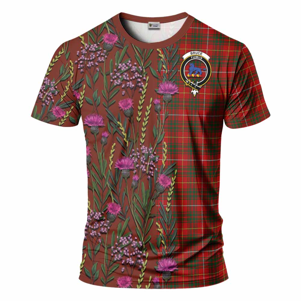Bruce Family Crest Tartan T-Shirt Scottish Thistle Flower Pattern Half Style - Tartan Vibes Clothing